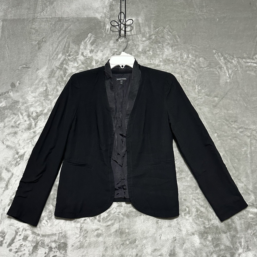 Eileen Fisher 100% Silk Open Front Blazer Jacket Womens XS Black Quiet Luxury